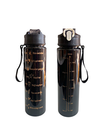 Siyah, 3’lü Set - Sticker’lı Pipetli Matara Seti - 2000ml,900ml,300ml