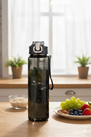 Siyah, Şeffaf Pipetli Matara – 900 ml, Sızdırmaz Kapaklı Suluk