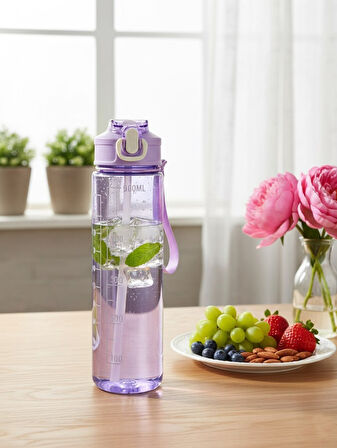 Mor, Şeffaf Pipetli Matara – 900 ml, Sızdırmaz Kapaklı Suluk