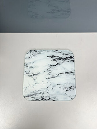 22x22cm - Beyaz Mermer, Cam Kesme Tahtası - Sunumluk