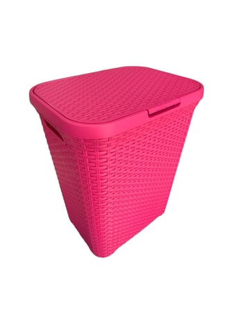 2'li Set Hasır Desenli Plastik Fusya Çamaşır Sepeti & Fusya Çamaşır Selesi