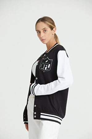 Siyah Beyaz Rahat Kalıp Uzun Kollu Unisex Kolej Ceket Hırka