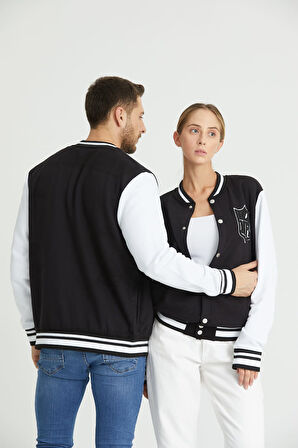 Siyah Beyaz Rahat Kalıp Uzun Kollu Unisex Kolej Ceket Hırka