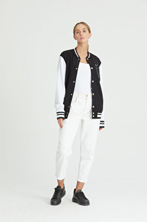 Siyah Beyaz Rahat Kalıp Uzun Kollu Unisex Kolej Ceket Hırka