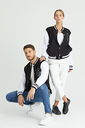 Siyah Beyaz Rahat Kalıp Uzun Kollu Unisex Kolej Ceket Hırka