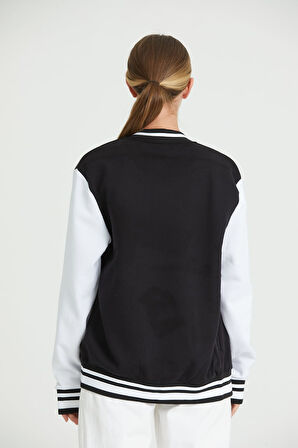 Siyah Beyaz Rahat Kalıp Uzun Kollu Unisex Kolej Ceket Hırka