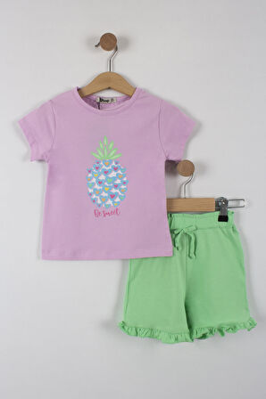Kız Çocuk Ananas Temalı Fırfırlı Şortlu Takım