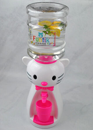 Beyaz Pembe Kedi Figürlü 1,9 Litre Büyük Boy Bardaklı Sızdırmaz Çocuklar İçin Su Sebili 50 cm