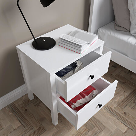 Venezia 2 Çekmeceli  Ahşap Ayaklı Premium Komodin - Minifiks - Wood Beyaz
