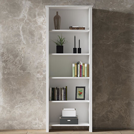 Venezia Premium  Ahşap Ayaklı 5 Raflı Kitaplık - Wood Beyaz