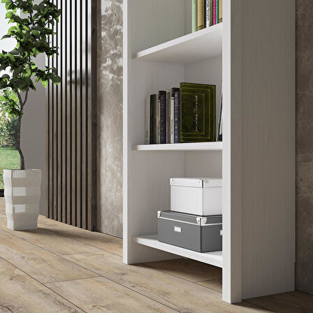 Venezia Premium  Ahşap Ayaklı 5 Raflı Kitaplık - Wood Beyaz