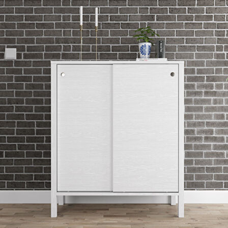 Venezia 2 Sürgülü Kapaklı, Ahşap Ayaklı, Premium Ayakkabılık, Çok Amaçlı Dolap - Minifiks - Wood Beyaz