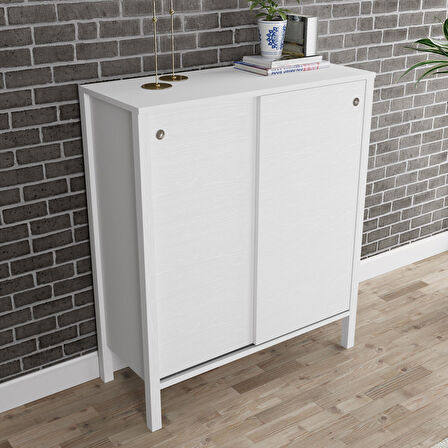 Venezia 2 Sürgülü Kapaklı, Ahşap Ayaklı, Premium Ayakkabılık, Çok Amaçlı Dolap - Minifiks - Wood Beyaz