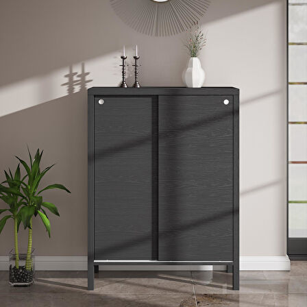 Venezia 2 Sürgülü Kapaklı, Ahşap Ayaklı, Premium Ayakkabılık, Çok Amaçlı Dolap - Minifiks - Wood Siyah