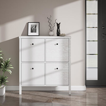 Venezia 4 Kapaklı, Ahşap Ayaklı, Premium Ayakkabılık, Çok Amaçlı Dolap - Minifiks - Wood Beyaz