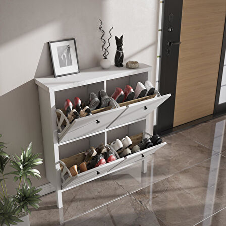 Venezia 4 Kapaklı, Ahşap Ayaklı, Premium Ayakkabılık, Çok Amaçlı Dolap - Minifiks - Wood Beyaz