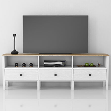Venezia 3 Çekmece 3 Bölmeli Ahşap Ayaklı Tv 180 Cm Tv Ünitesi - Minifiksli - Atlantik Çam / Wood Beyaz
