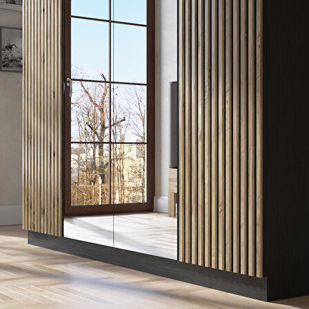 Nova Zebra Kapak Aynalı 180 Cm 4 Kapaklı Gardırop Minifiks - Wood Siyah / Atlantik Çam