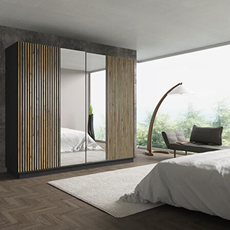 Nova Zebra Kapak Aynalı 180 Cm 4 Kapaklı Gardırop Minifiks - Wood Siyah / Atlantik Çam