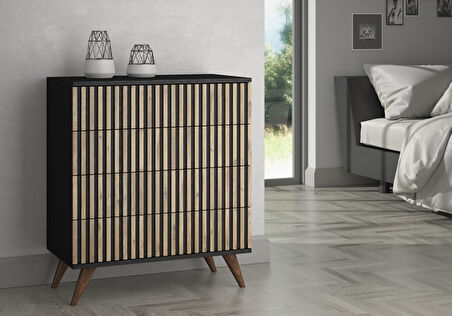 Nova Zebra Desen 4 Çekmeceli Premium Şifonyer - Minifiks - Wood Siyah / Atlantik Çam