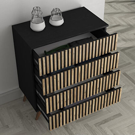 Nova Zebra Desen 4 Çekmeceli Premium Şifonyer - Minifiks - Wood Siyah / Atlantik Çam