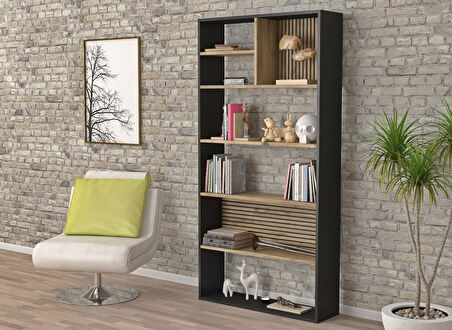Nova Zebra 7 Bölmeli Kitaplıklık - Minifiks - Wood Siyah  Atlantik Çam