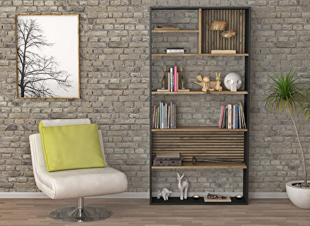Nova Zebra 7 Bölmeli Kitaplıklık - Minifiks - Wood Siyah  Atlantik Çam