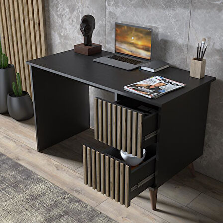 Nova Zebra Desen 2 Çekmeceli  Premium Çalışma Masası - Wood Siyah / Atlantik Çam
