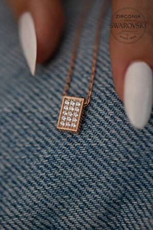 Swarovski Taşlı Dikdörtgen Model Gümüş Rose Zirconia Kolye