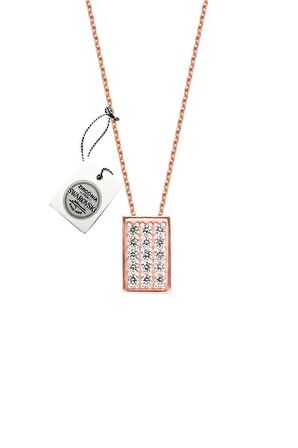 Swarovski Taşlı Dikdörtgen Model Gümüş Rose Zirconia Kolye