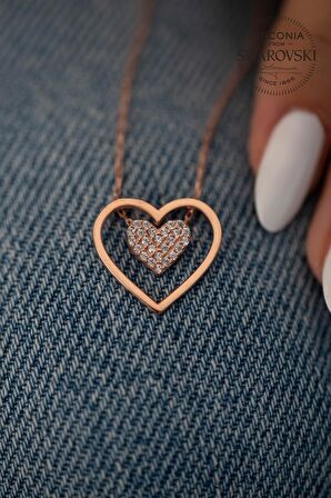 Swarovski Taşlı Çift Kalp Model Rose Kaplama Gümüş Zirconia Kolye