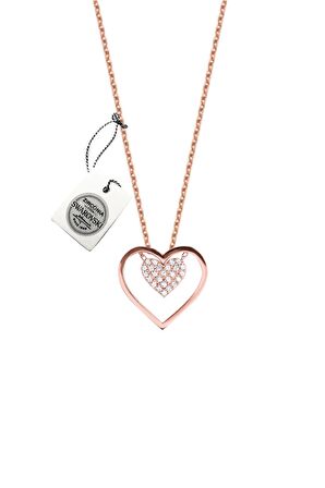 Swarovski Taşlı Çift Kalp Model Rose Kaplama Gümüş Zirconia Kolye