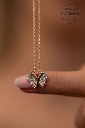 Swarovski Taşlı Kelebek Model Rose Kaplama Gümüş Zirconia Kolye