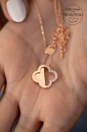Swarovski Taşlı Yonca Model Rose Kaplama Gümüş Zirconia Kolye