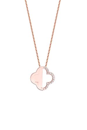 Swarovski Taşlı Yonca Model Rose Kaplama Gümüş Zirconia Kolye