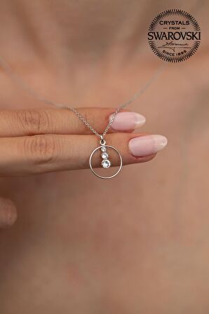 Swarovski Taşlı Halka Üç Taşlı Model Rose Kaplama Gümüş Crystal Kolye
