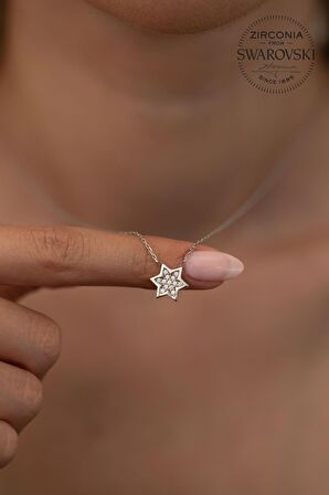 Swarovski Taşlı Altı Köşeli Yıldız Model Gümüş Zirconia Kolye