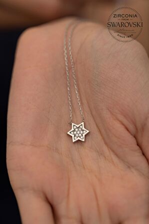 Swarovski Taşlı Altı Köşeli Yıldız Model Gümüş Zirconia Kolye