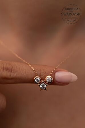 Swarovski Taşlı Yıldız ve İki Taş Model Rose Kaplama Gümüş Zirconia Kolye