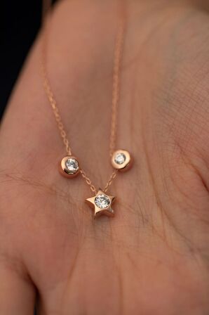 Swarovski Taşlı Yıldız ve İki Taş Model Rose Kaplama Gümüş Zirconia Kolye