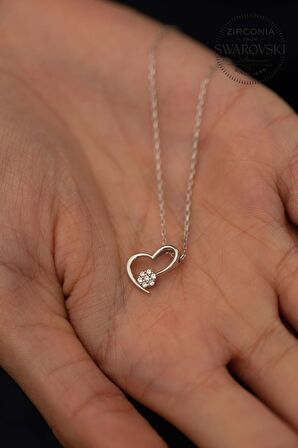 Swarovski Taşlı Kalp ve Papatya Model Gümüş Zirconia Kolye