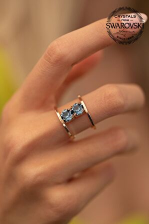 Swarovski Taşlı İki Taş Model Rose Kaplama Gümüş Crystal Yüzük