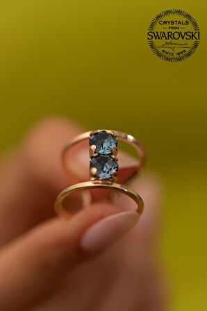 Swarovski Taşlı İki Taş Model Rose Kaplama Gümüş Crystal Yüzük