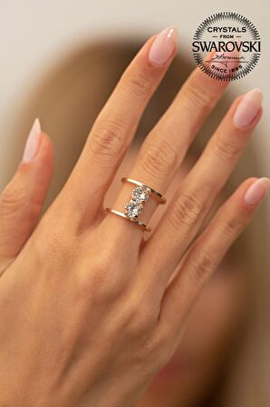 Swarovski Taşlı İki Taş Model Rose Kaplama Gümüş Crystal Yüzük