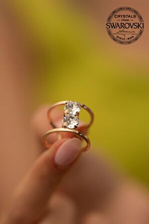 Swarovski Taşlı İki Taş Model Rose Kaplama Gümüş Crystal Yüzük
