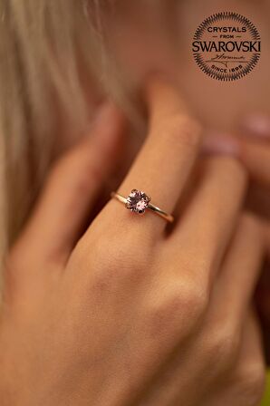 Swarovski Taşlı Tektaş Model Rose Kaplama Gümüş Crystal Yüzük