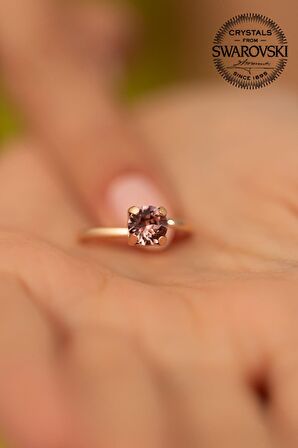 Swarovski Taşlı Tektaş Model Rose Kaplama Gümüş Crystal Yüzük