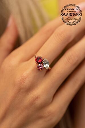 Swarovski Taşlı Yaprak Model Rose Kaplama Gümüş Crystal Yüzük