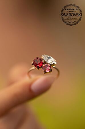 Swarovski Taşlı Yaprak Model Rose Kaplama Gümüş Crystal Yüzük