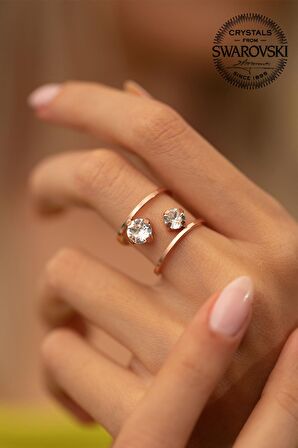 Swarovski Taşlı Çift Taş Model Rose Kaplama Gümüş Zirconia Yüzük